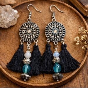 Vintage Boho Tassel Earrings Mandala Filigree Glass Bead Dangle Artisan